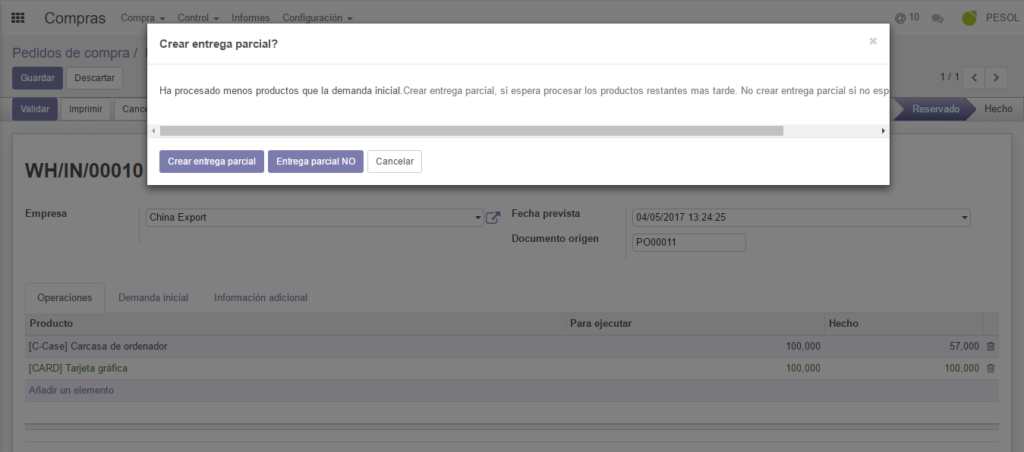 Recepción de productos con recepción parcial.